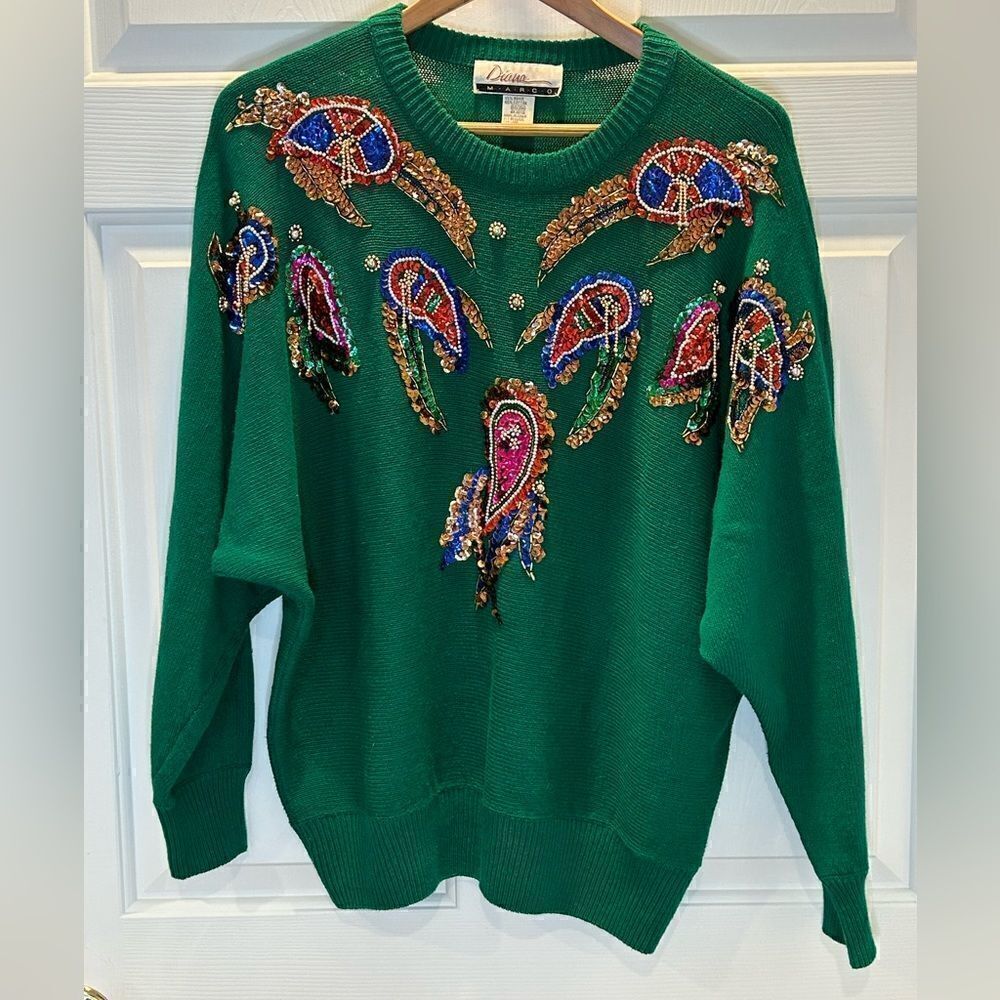 Vintage Diana Marco Women’s Green Sequin Sweater Size 44 24W